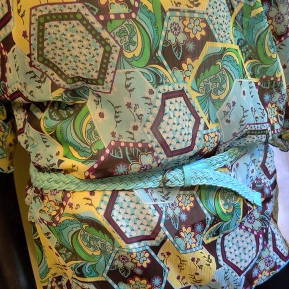 🗺️ Boho Printed Peasant Shirt Blouse w/ Braided Belt included Semi-Sheer, Small - Picture 10 of 10